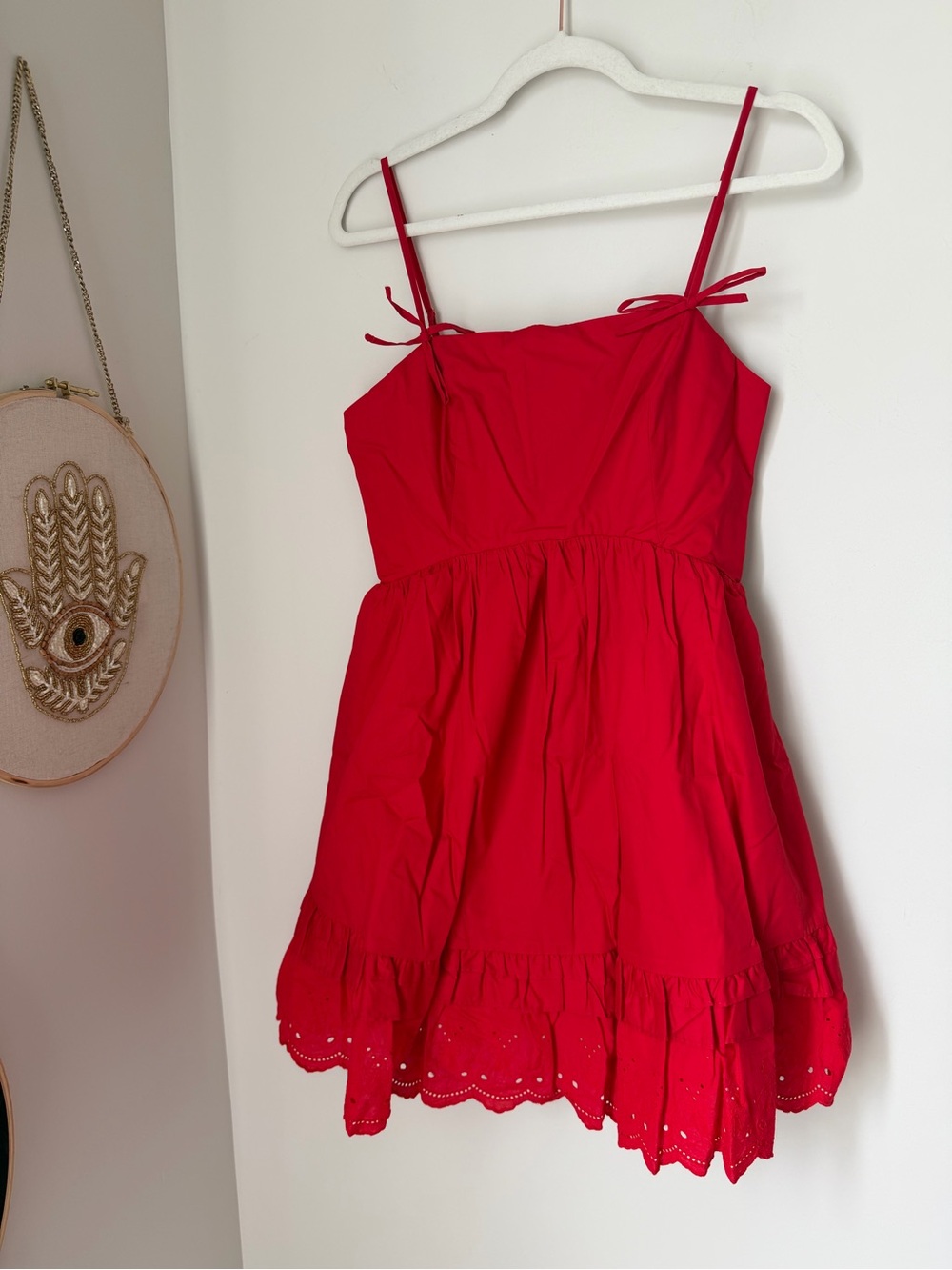 Red Eyelet trim cotton Mini dress